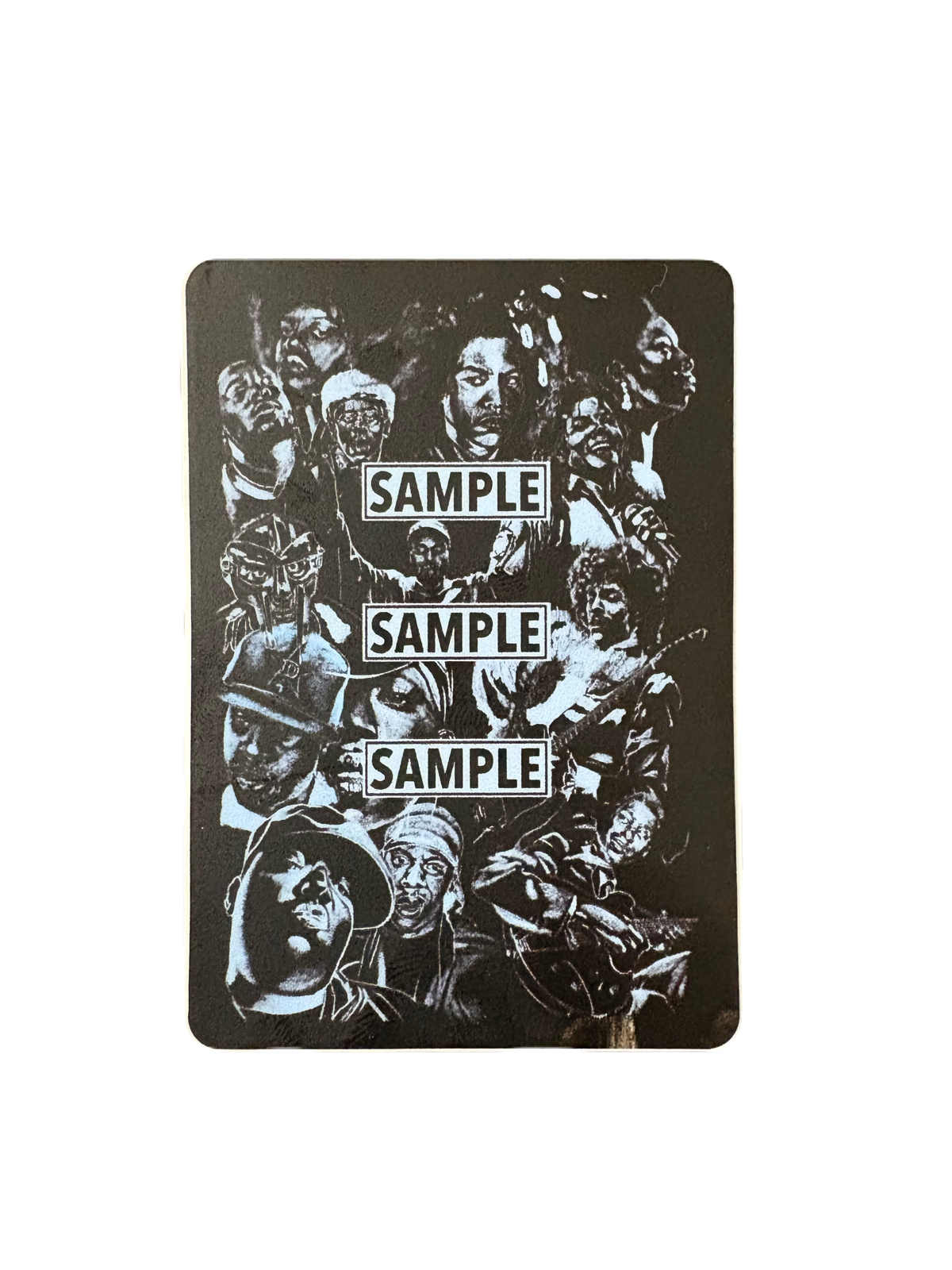 Sample Sample Sample sticker — the cover-art crowd of sampled legends in slate blue on black